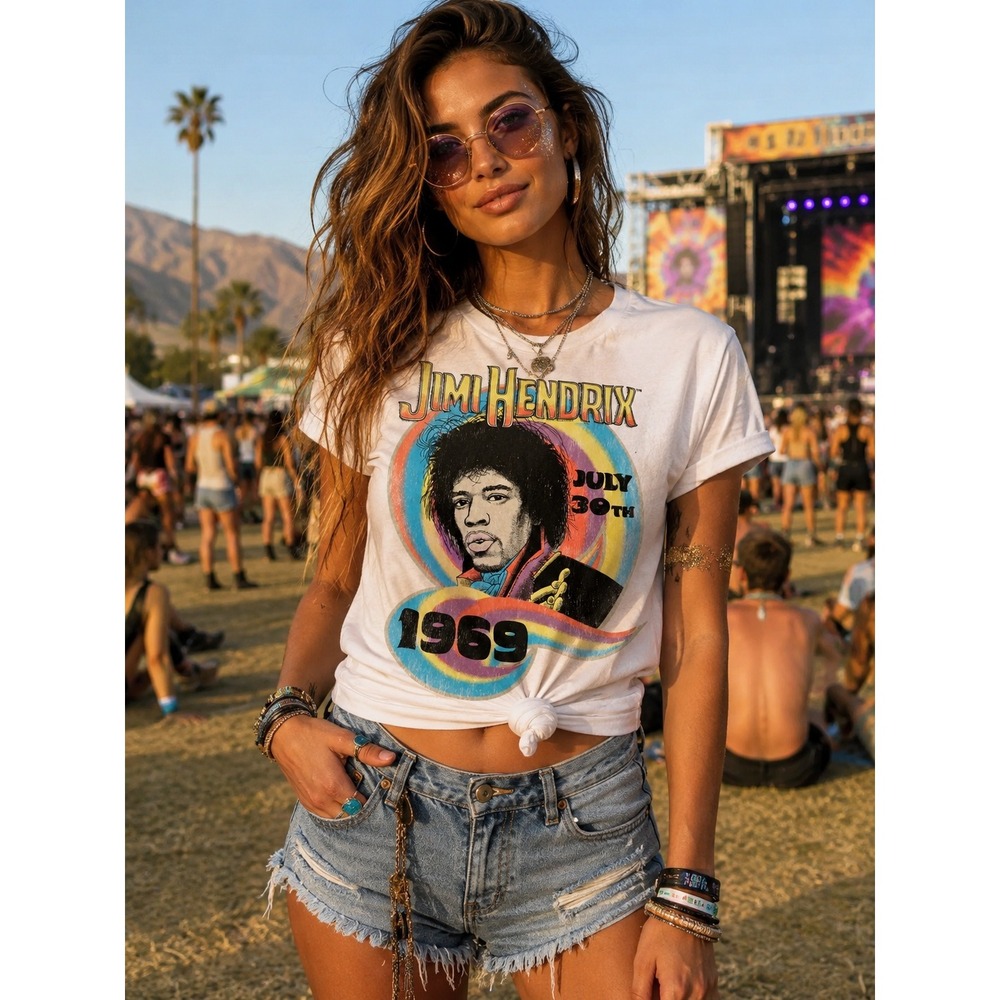 Authentic Jimi Hendrix 1969 Graphic Tee White Rock Band Shirt Womens XL festival